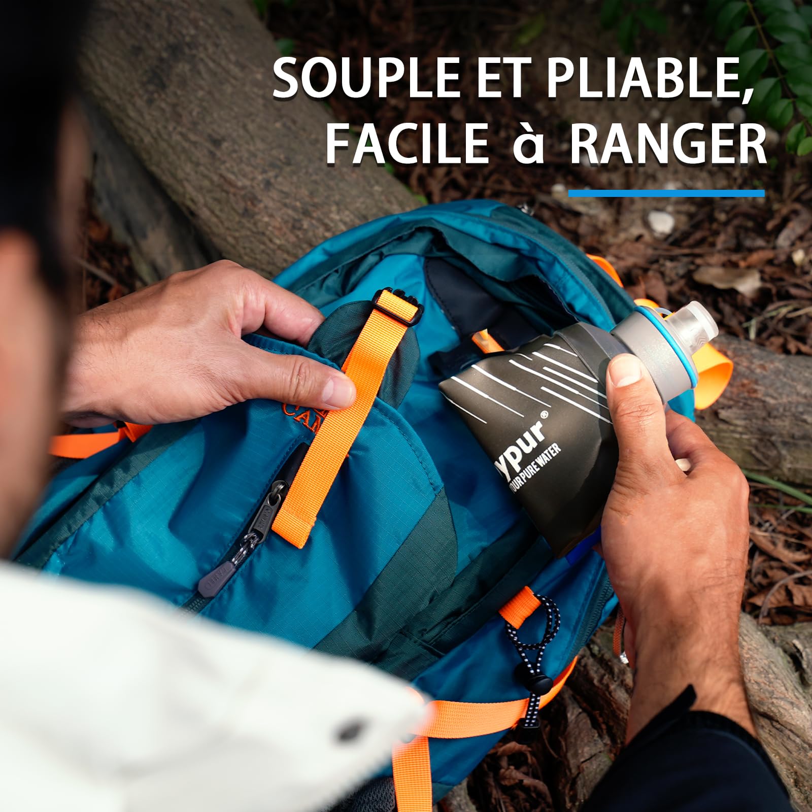 Bouteille Eau Pliable avec Filtre 1000ml, Filtre à Eau Portable 3 Couches, Élimine 99.9999% des Impuretés, Ultra-léger 100g, Pour Randonnée Camping Survie, TPU Qualité Alimentaire (Gris)