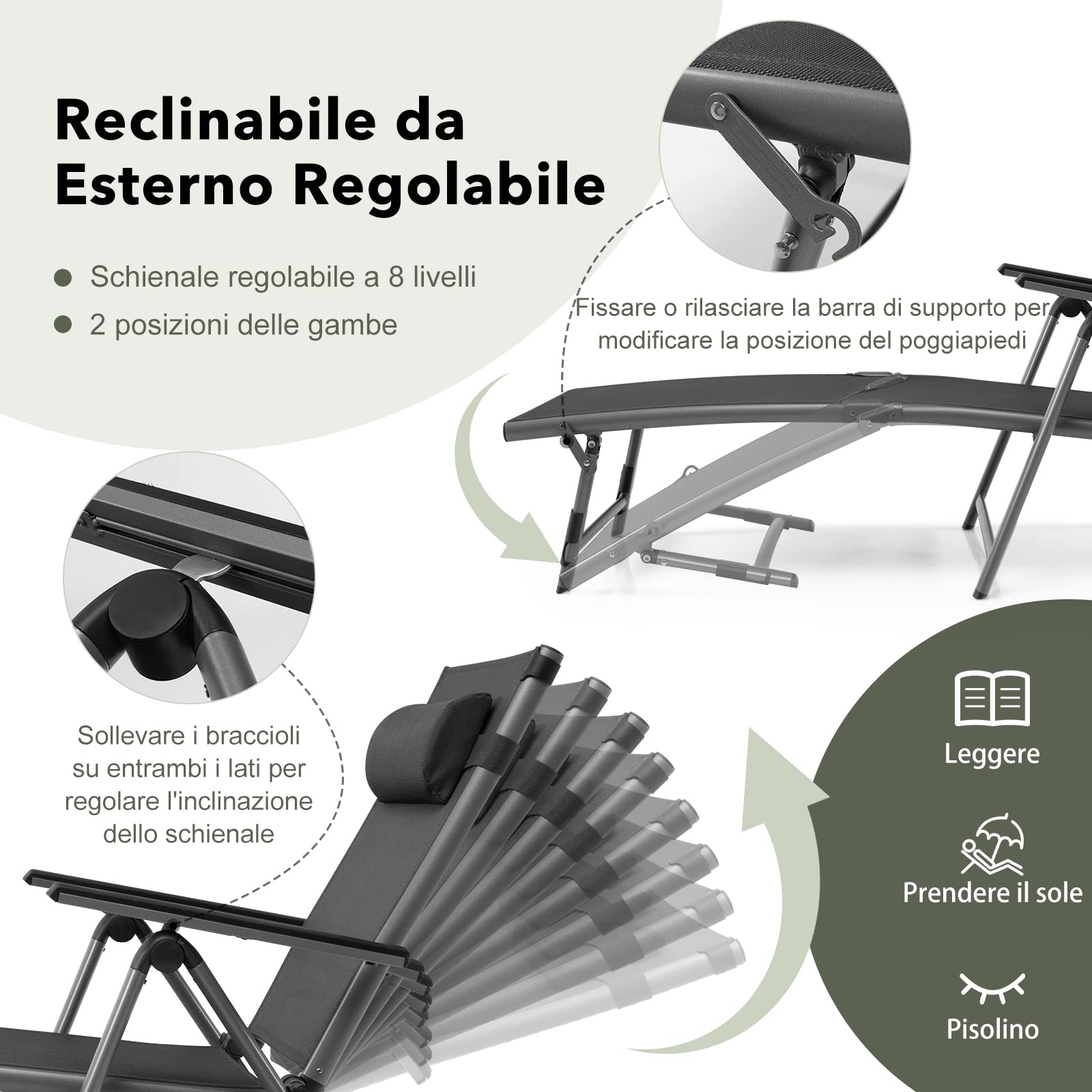 COSTWAY Lettino a Sdraio in Alluminio per Esterno, Pieghevole e Leggero | Chaise Longue con Schienale 8 Posizioni, Poggiatesta Rimovibile e Tessuto Traspirante, Ideale per Piscina Spiaggia e Patio