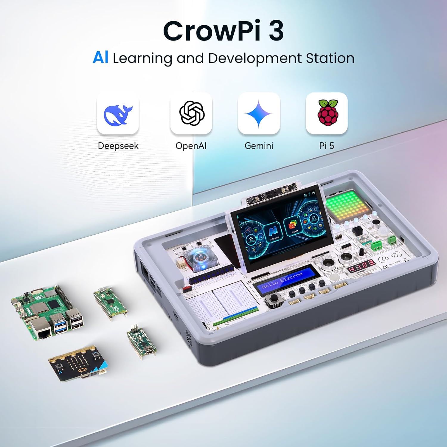 ELECROW CrowPi 3 AI Learning and Development Station for Raspberry Pi 5 with 4.3 Inch Touch Screen, Learning Programming Sensor Kit for Educator, Creators, Professional Developer (Basic Kit)