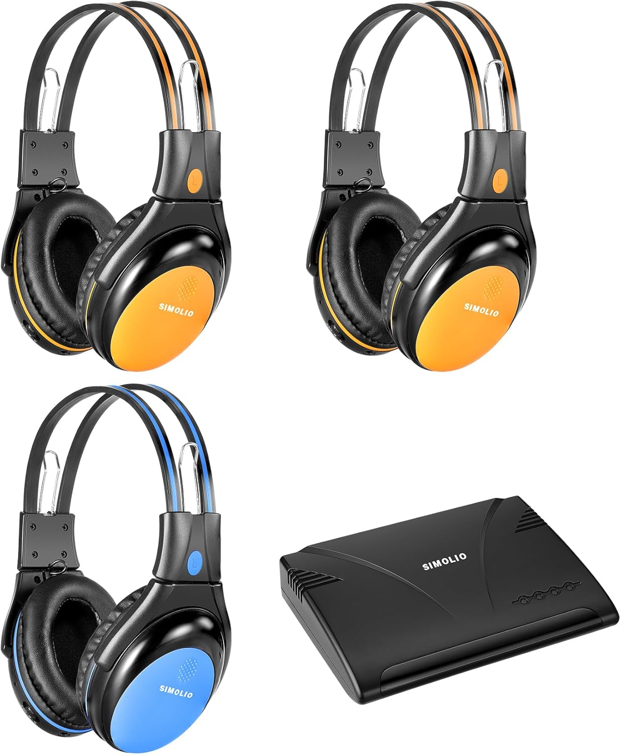 SIMOLIO Dual Channels IR Transmitter w/Optical in & Vehicle Headphones for Car DVD/TV/PC/Rear Entertainment System/Kids, Foldable Durable Wireless Infrared Headphones w/ 3.5mm AUX Cable n Share Port