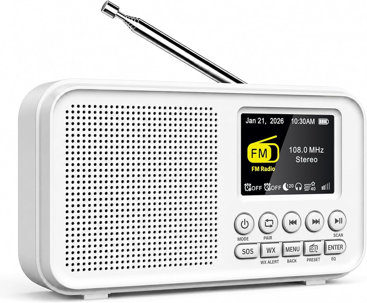 Eoxsmile Portable FM Radio with 40 Presets, Bluetooth & 3000mAh Battery