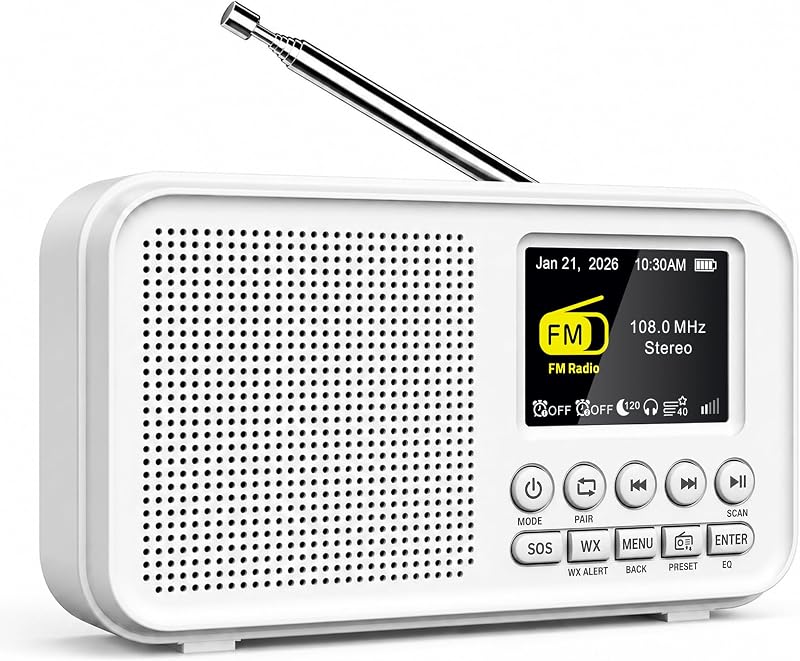 Eoxsmile Portable FM Radio with 40 Presets, Bluetooth & 3000mAh Battery