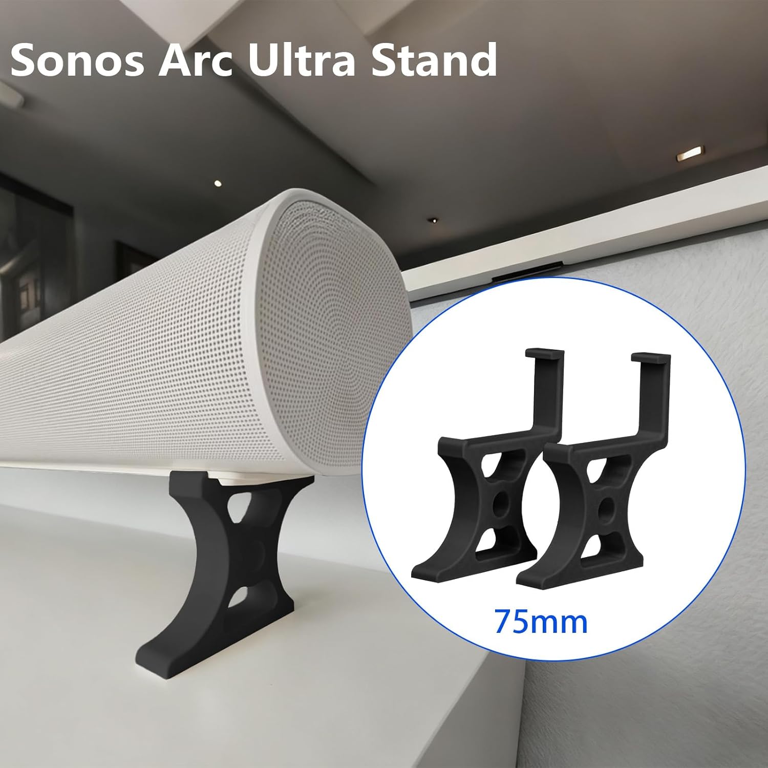 for Sonos Arc Ultra Stand, 3-Height Adjustable Soundbar Riser Base (25-75mm) - Perfect TV Alignment, Sturdy & Ventilated Design, Prevents Audio Blockage for Dolby Atmos, Tool-Free Setup (75mm Black)