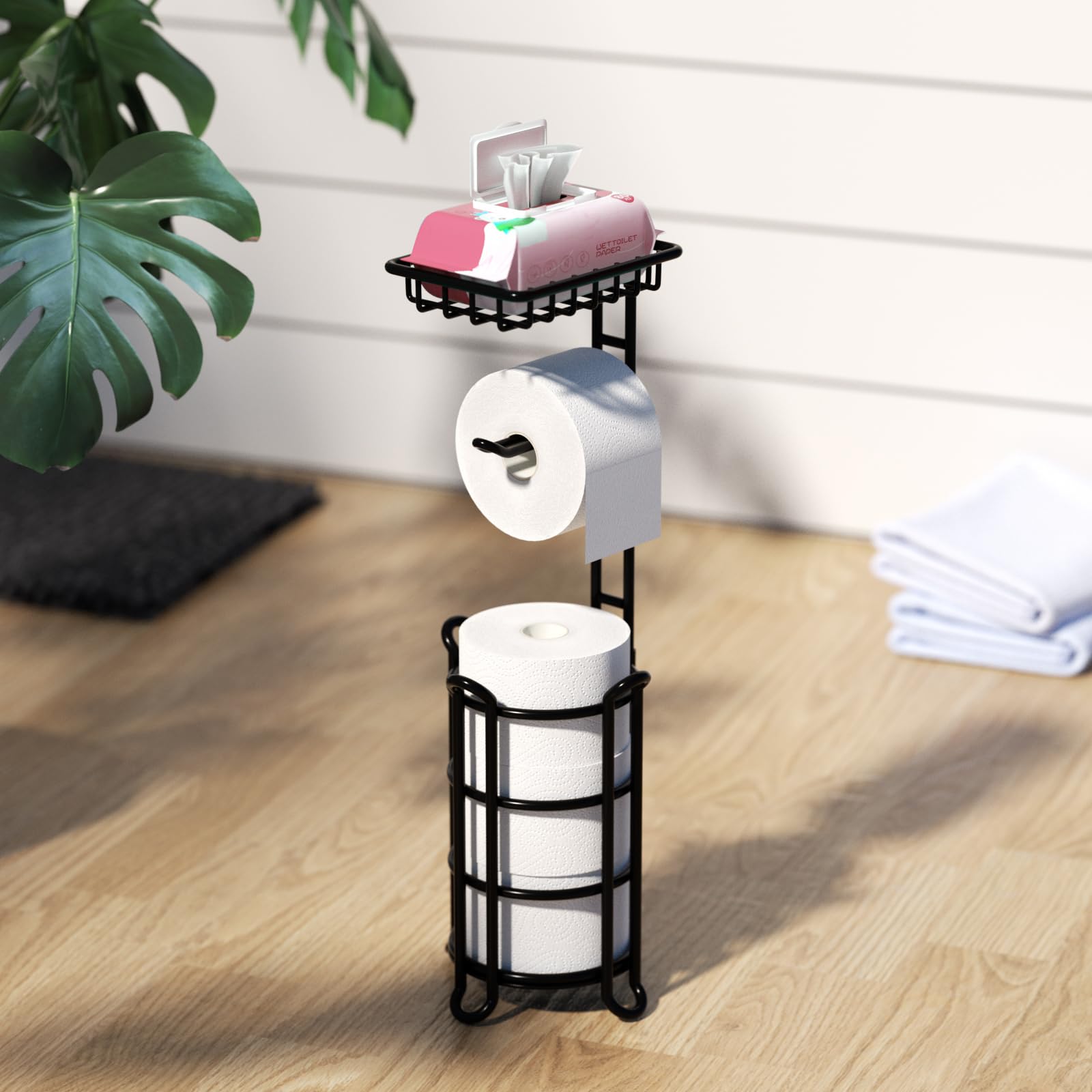 Porta carta igienica TreeLen da terra – Dispenser per rotoli di carta igienica con mensola – Stoccaggio per rotoli mega – Finitura nero opaco