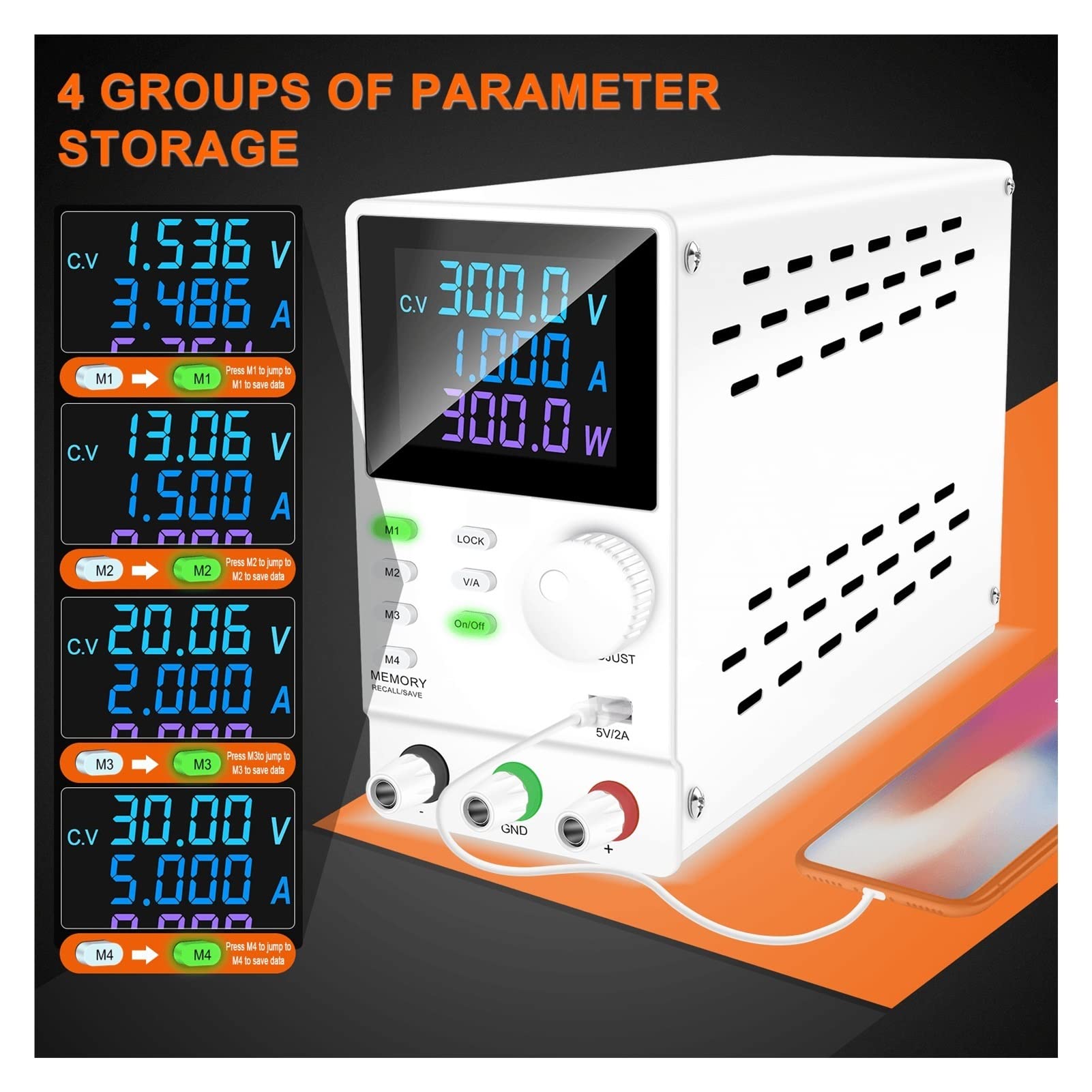 Alimentatore da Banco DC Power Supply Lab Funzione di memoria programmabile regolabile Banco alimentazione STABILITORE STUNDATORE DI TENSIONE(Noir,120V 3A)