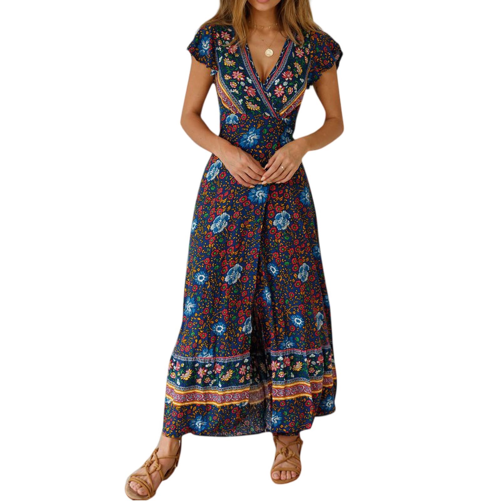 Générique Robe Ete Femme Robe Longue Boheme Portefeuille Chic Et Elegant A Col V Manches Courtes Fendue Fluide pour Plage Vacances Soiree Cocktail