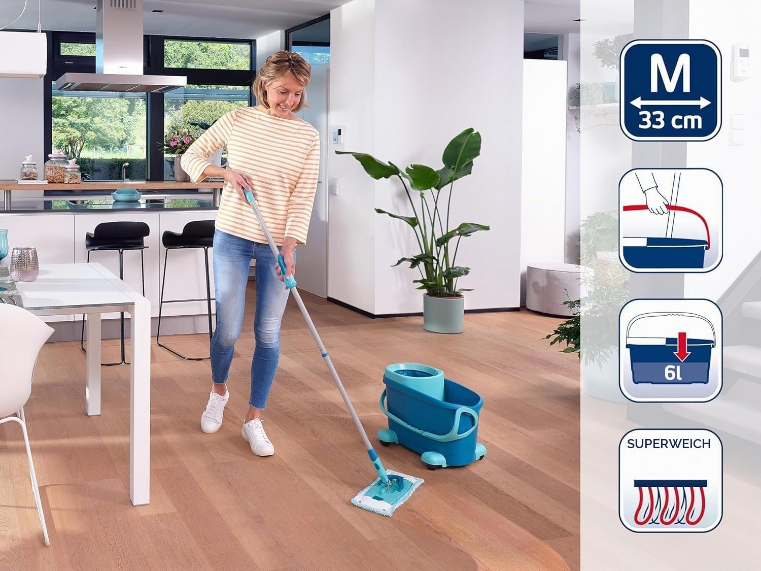 Leifheit Set CLEAN Twist M Flachwischer Ergo 2.0 mit Rollen, Bodenwischer mit Supersoft Bezug für nebelfeuchte Reinigung auf Parkett, Laminat und Echtholz, Mop mit Schleudertechnologie
