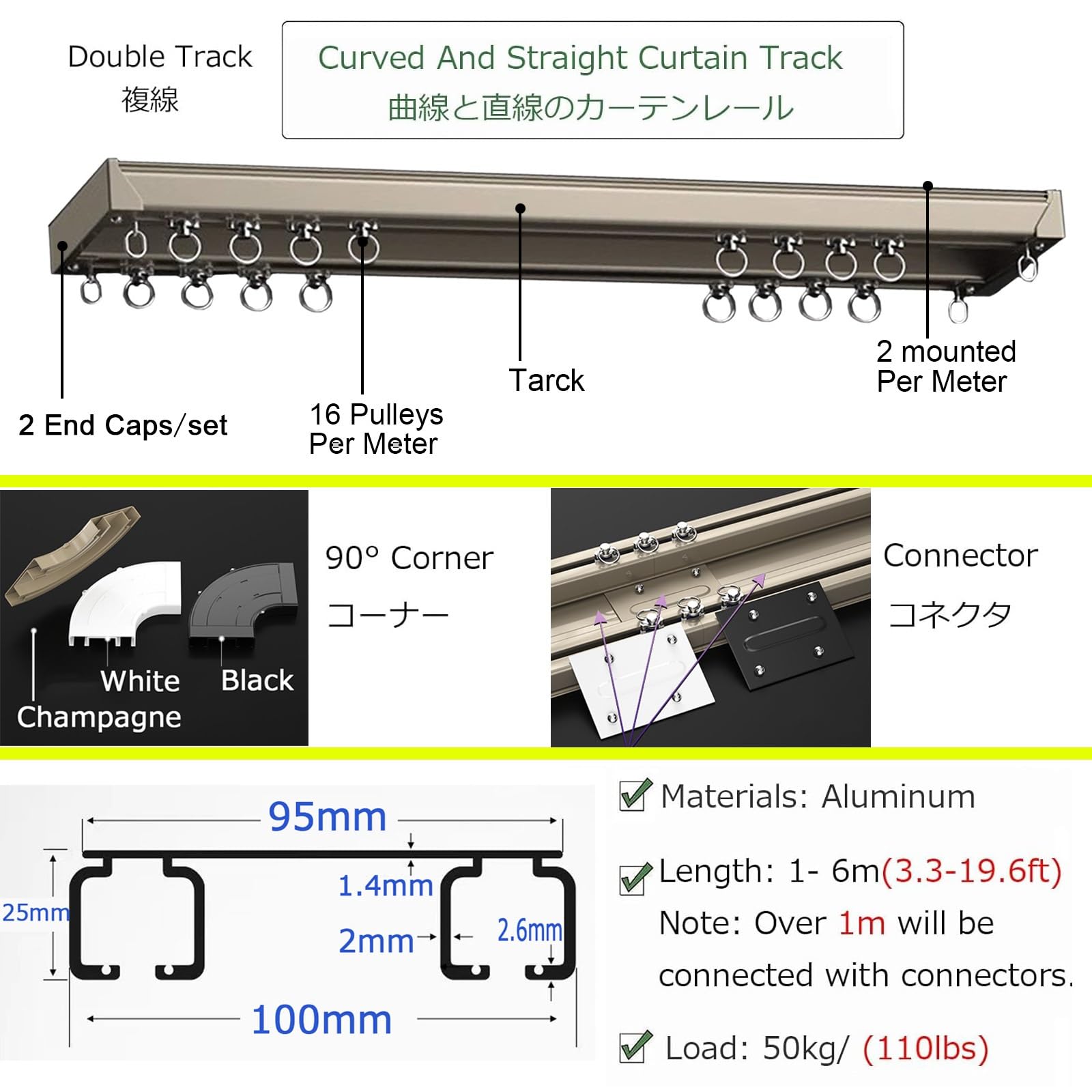 Doppelreihiges Deckenschienensystem, 1-6 m, Wandmontage, ideal für Wohnzimmer, Schlafzimmer, Dusche, Raumteiler, 90-Grad-Biegung (Metallic, 5 m)