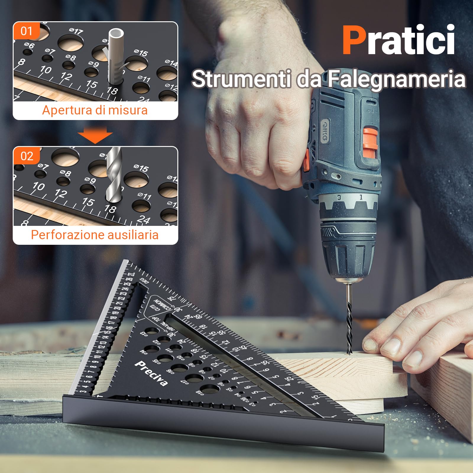 Squadra da Falegname 5 in 1, Squadra Combinata per Legno con 7‘’ e 12‘’, Righello Angolare Multiuso in Alluminio con Funzione di Foratura, con Matita Carpentiere e Ricariche Mine