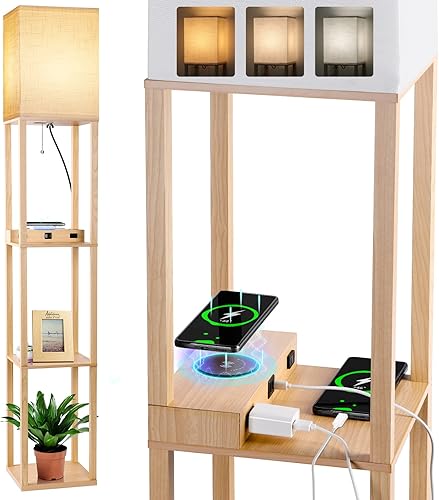 ActualizadaLámpara de pie con estantes, lámparas de pie LED con cargador inalámbrico y puertos de carga USB + tipo C y 2 salidas de CA, lámpara de
