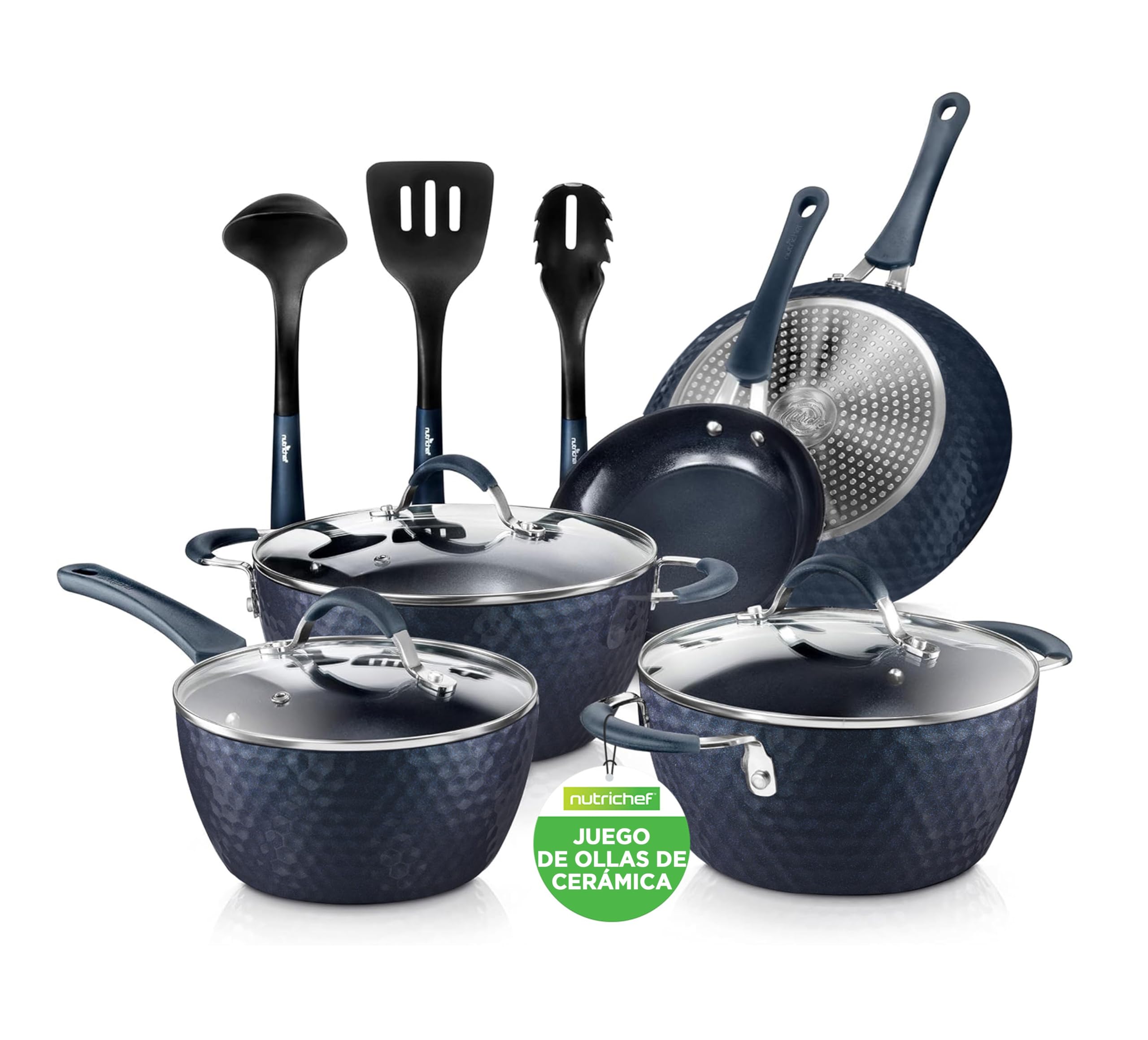 Nutrichef Juego de ollas y sartenes, 11 Piezas, Antiadherentes, Set, Ergonomico, Induccion, Bateria de Cocina, Color Azul Diamante