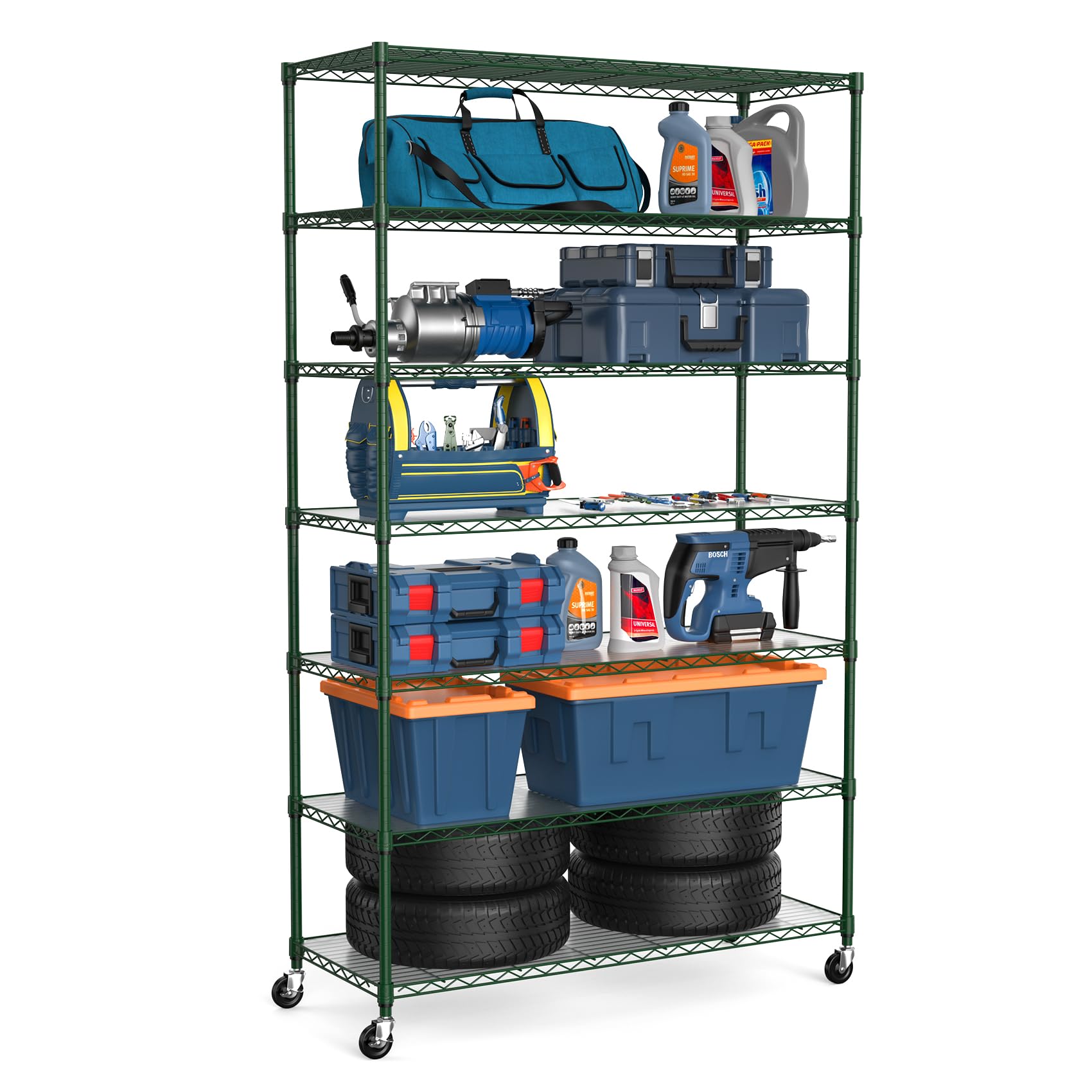 7 Tier NSF Wire Shelf Shelving Unit, 18 x 48 x 82 inch 2450lbs Capacity Heavy Duty Adjustable Storage Metal Rack with Wheels/Leveling Feet & Shelf Liners, Ideal for Garage, Kitchen, and More - Green