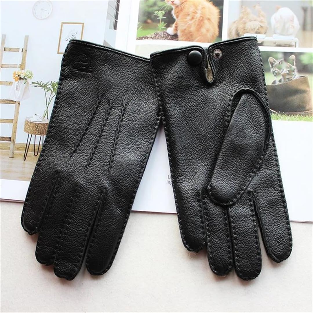 Guantes de Piel de venado de Cuero Genuino para Hombre, Elegantes Guantes Finos con Pantalla táctil, Guantes cálidos de Invierno Forrados de Lana para Ciclismo