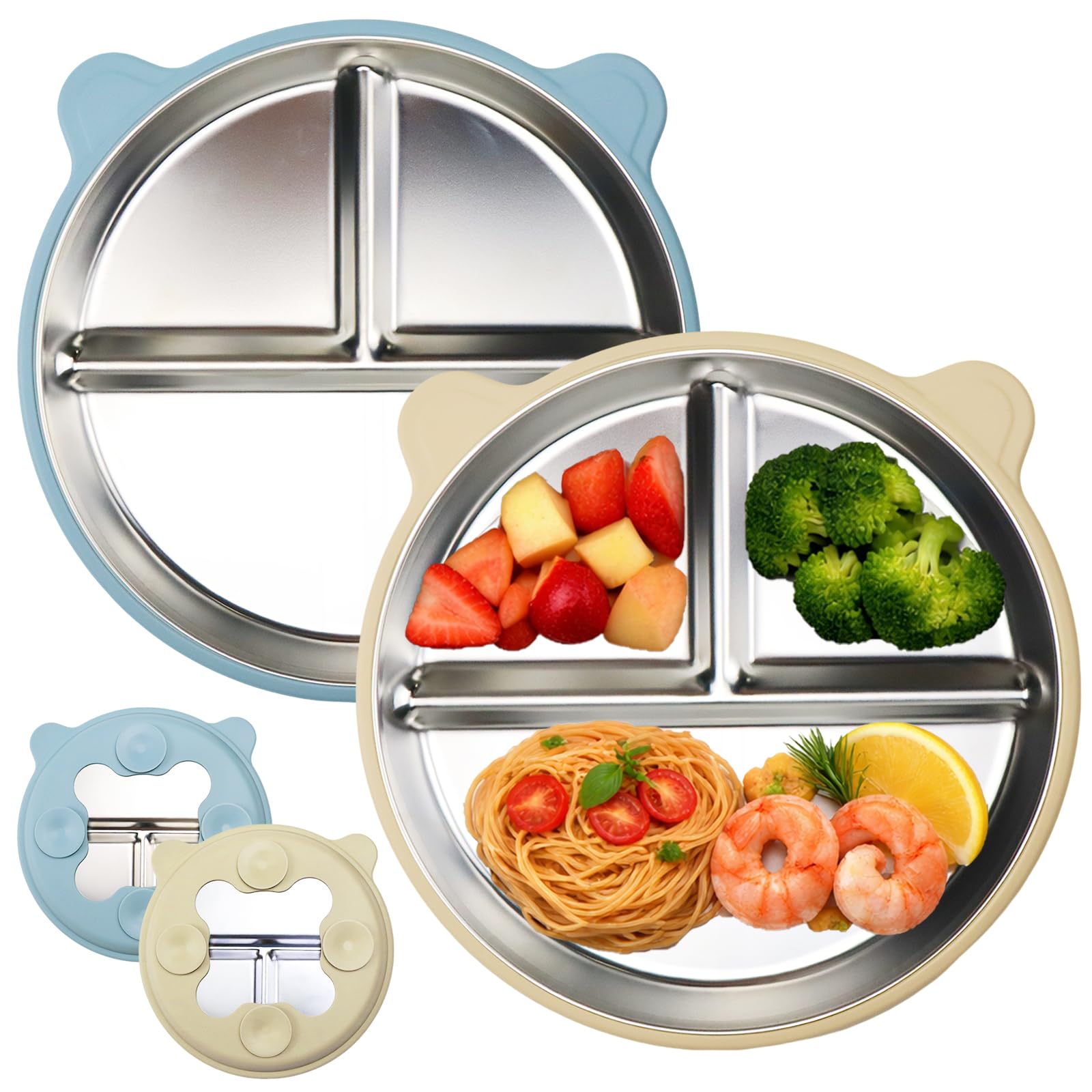 2er Set Edelstahl Teller Baby mit Saugnapf, Kinderteller mit Saugnapf, Abnehmbare Silikonhülle, Rutschfest & BPA-frei, Spülmaschinenfest, Geteilter Kinderteller Edelstahl für Selbstständiges Essen