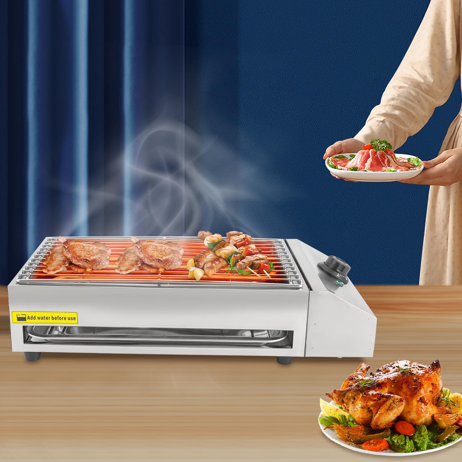 Grill elektryczny ze stali nierdzewnej 260 W, z tacką na tłuszcz i miską do pieczenia, regulacja temperatury w zakresie 50-300°C, na piknik, do parku i balkonu