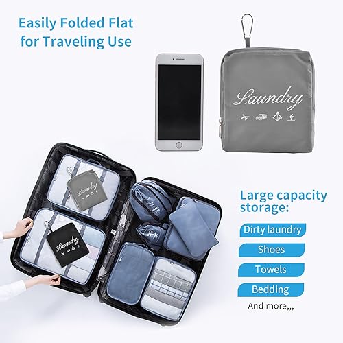 Miniatura 5 de 2 bolsas de lavandería sucias JHX con asas y mosquetón de aluminio, bolsa de ropa plegable para viajes, campamento, fitness y estudiantes (negro y