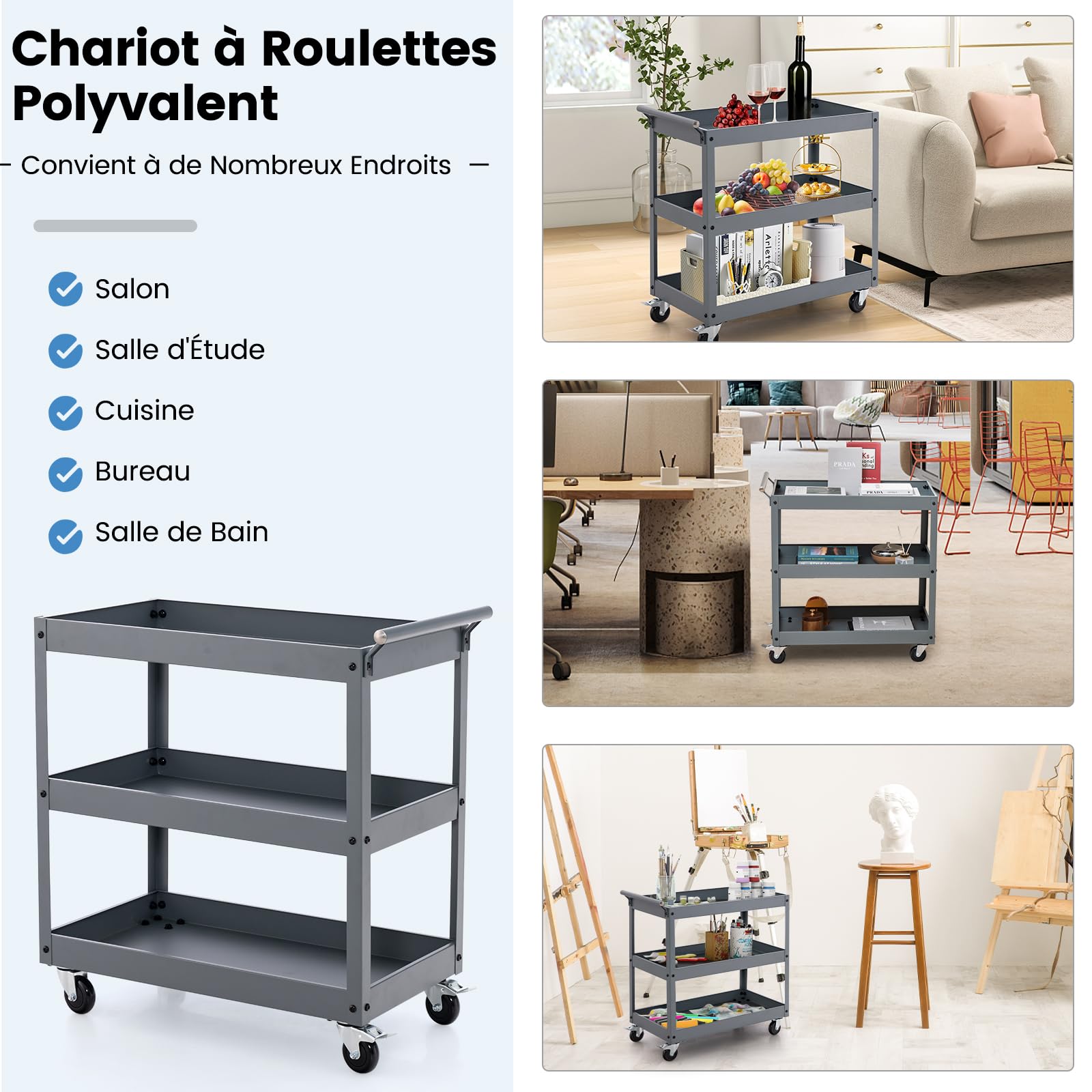 GOPLUS Chariot à Outils 3 Niveaux avec 4 Roues Universelles et Poignée Latérale, Porte-Serviettes, Servante d'Atelier Roulant pour Garage, Salle de Bain, Entrepôt, 76 x 38 x 76 cm,Noir (Gris)