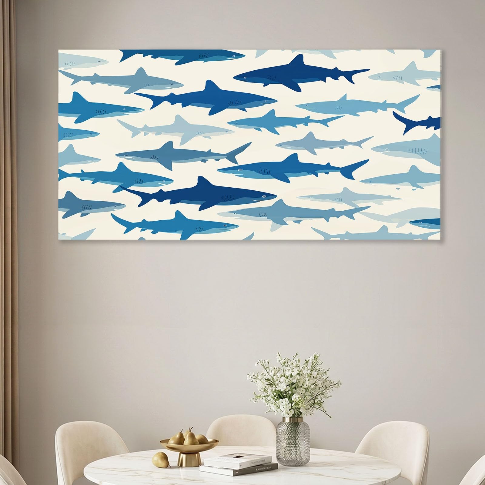 Générique Kreskówkowy druk na płótnie 120 x 60 cm drewniana ramka plakat na obraz dekoracja ścienna - białe zwierzę rekin życie morskie do salonu, sypialni, przedpokoju i łazienki, dekoracja domu