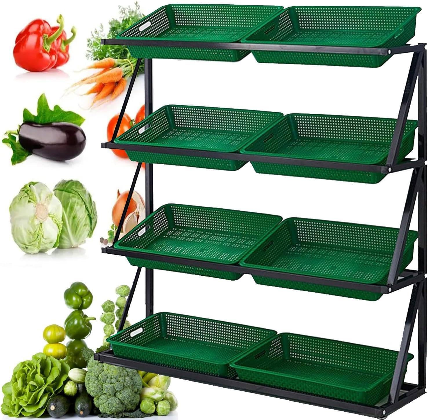 Memykoy Supermarket Fruit Vegetable Display Shelf with 8/10 Baskets, 4/5 Layer Market Stand for Retail Pantry Convenience Stores, Large Capacity Snack Storage Organizer Green-4Tier
