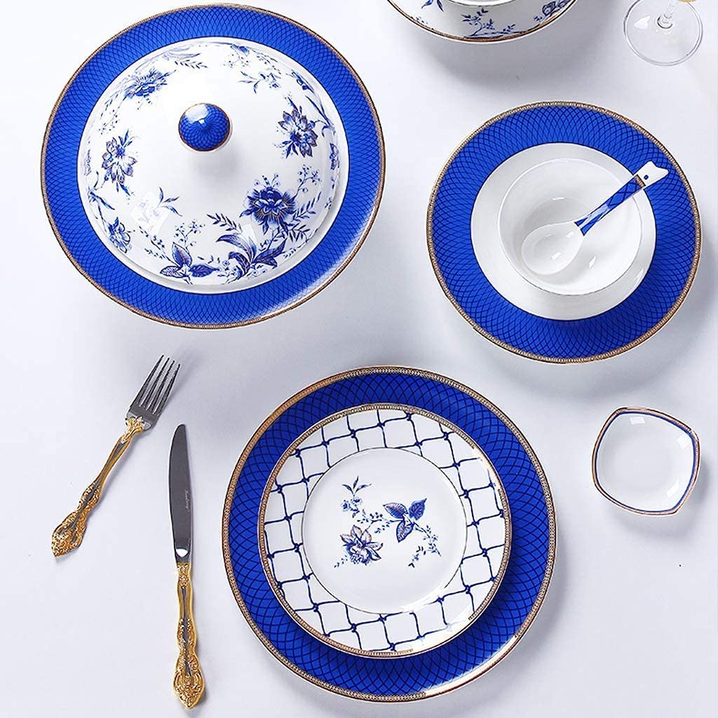 Zestawy naczyń ceramicznych, miski/talerze/garnki/łyżki | Zestawy naczyń z porcelany kostnej, nowoczesne zestawy z niebiesko-białym wzorem porcelany, zestawy 60-elem,-82pieces