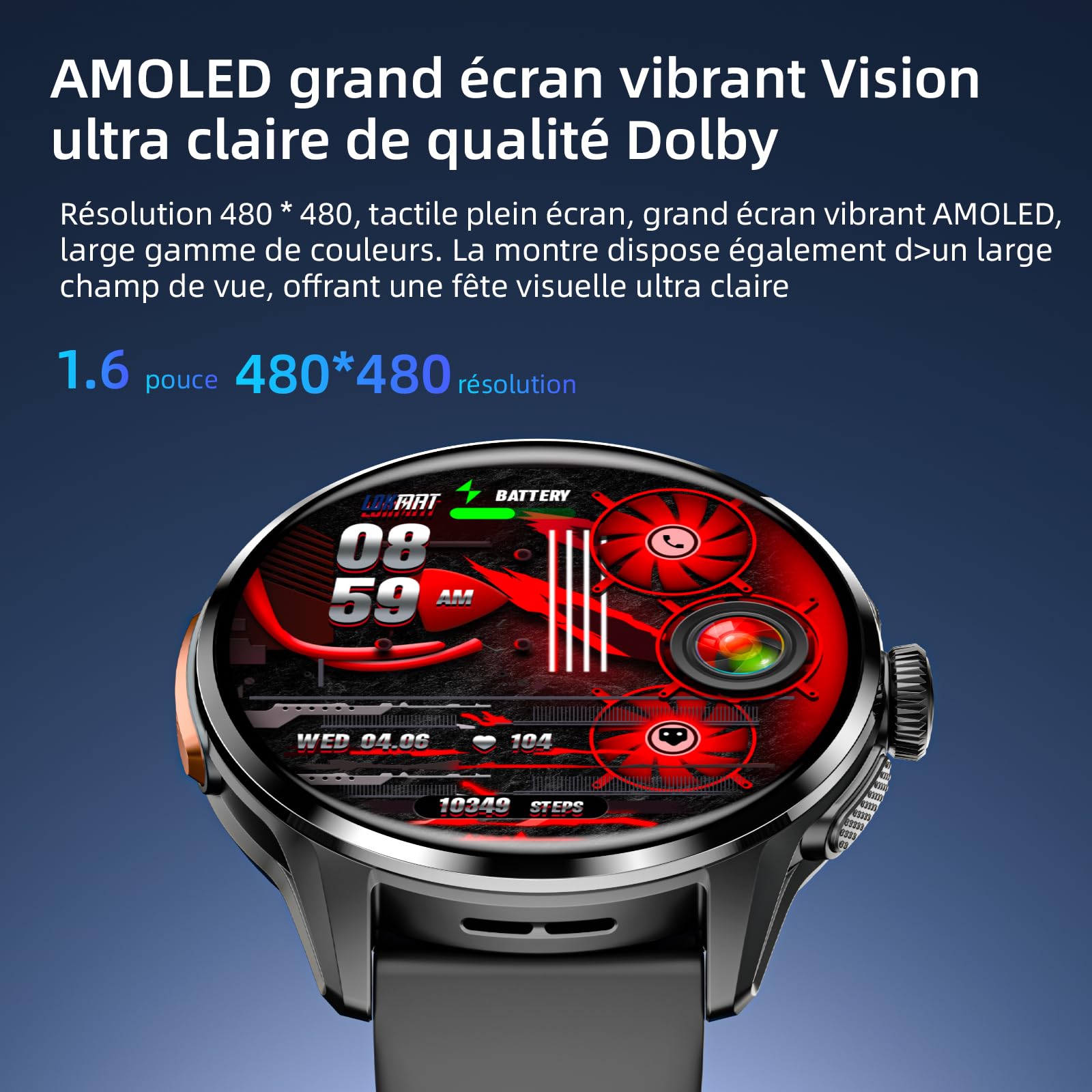 LOKMAT Montre intelligente Android avec carte SIM 4G, 1,6", AMOLED grand écran 3 Go + 32 Go, pour hommes et femmes, avec caméra rotative, WiFi, GPS, tracker d'activité de fitness (noir)