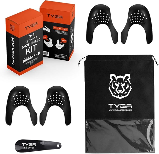 TYGA Store | Ultimate Shoe Shield Kit - 4 Shoe Crease Protectors - Trainer/Sneaker/Crep Protector, Anti Crease Shields - Fits UK 3-11 | All Black - 2 Pairs + Shoe Horn + Carry Bag + Gift Box