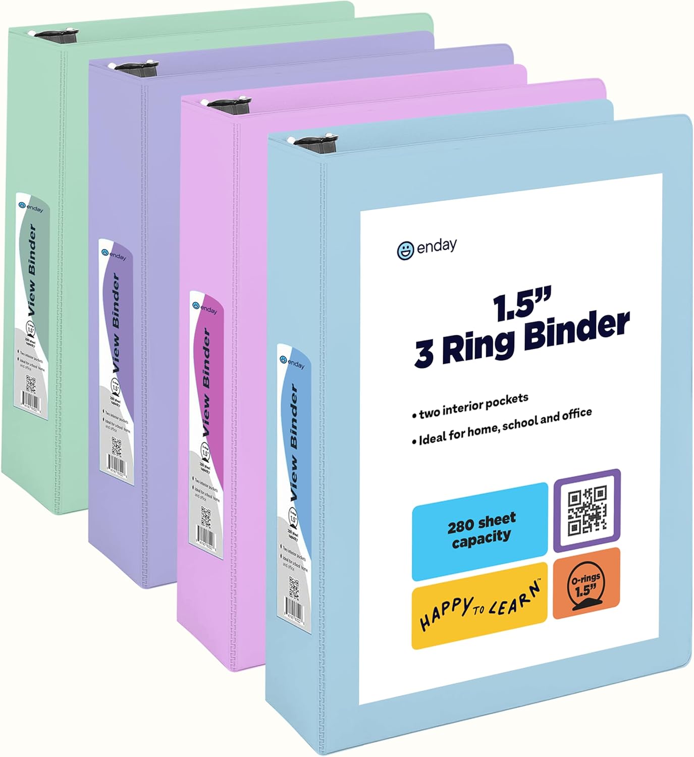 Enday 1.5 Inch Binder - 1.5 Inch 3 Ring Binder, Round Ring Pastel with Clear View Cover for Letter Size 8.5 x 11'' Paper & 2 Inside Pockets, for School Supplies, Office, & Home - 4 Pack