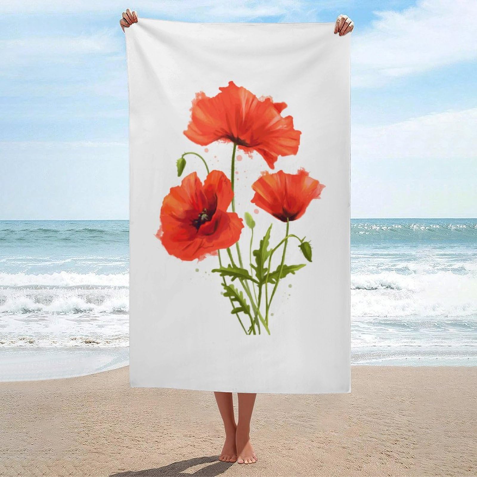 LEDFCVSU Beach Towel, Red Poppy Bath Towel, Absorbent Towel for Swimming, Sports, Travel