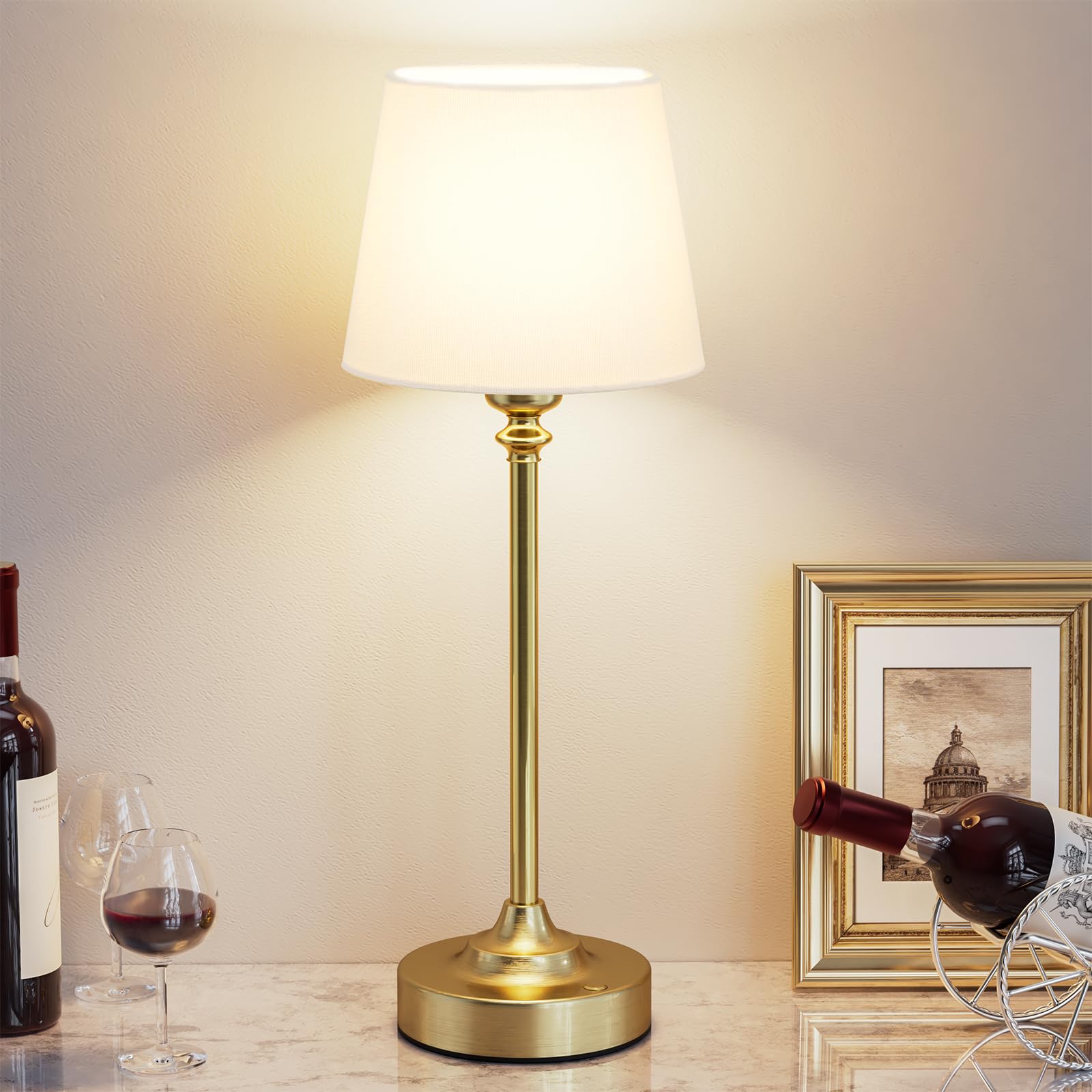 Cordless Table Lamp Rechargeable Gold - 1 Pack Brass 4000mAH Battery Operated Lamp for Decor, 3000K Stepless Dimming Touch Control Wireless Lamp for Bedroom, Dining Table, Counter, Living Room