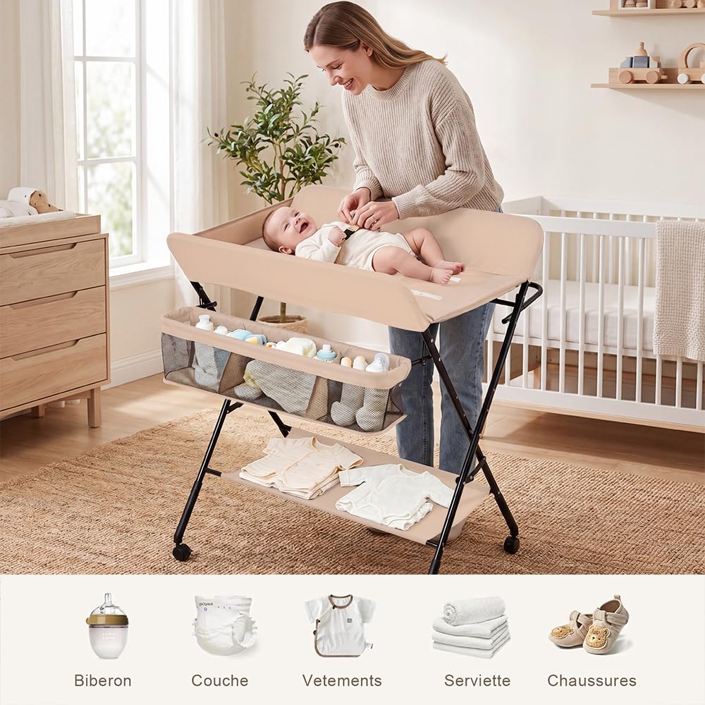 Table à Langer Pliable Bebe, Table a Langer Pliante avec Ceinture de Sécurité et Panier de Rangement, Hauteur Réglable en 3 Positions, Commode à Langer Portable, Charge 25KG(80 * 66 * 98cm, Abricot)