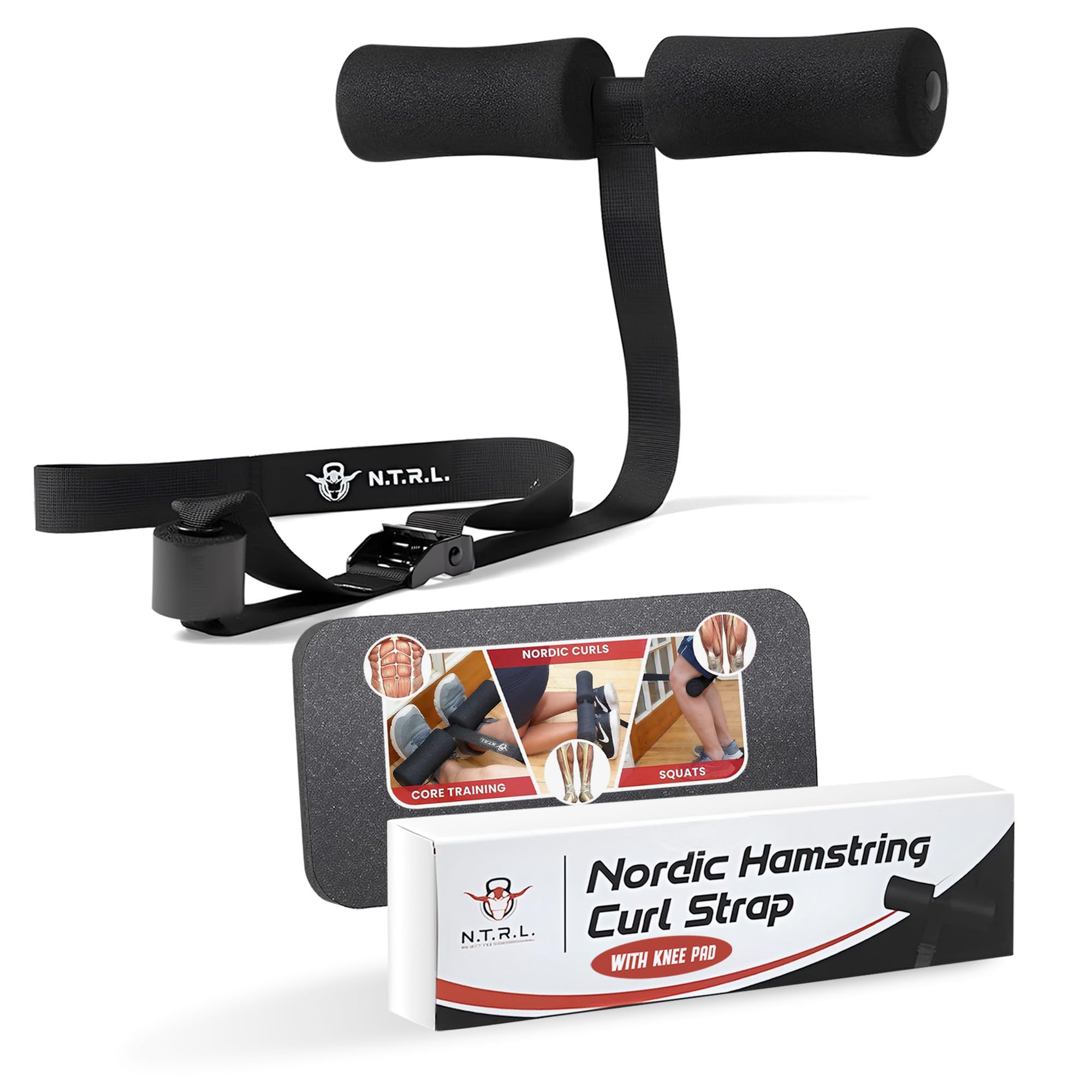 N.T.R.L.® Nordic Curl Strap with Knee Pad - Adjustable Nordic Hamstring Curl and Leg Curl Attachment. Replaces Hamstring Curl Machine & Nordic Bench. Home Workout Equipment for Squats & Core Training.