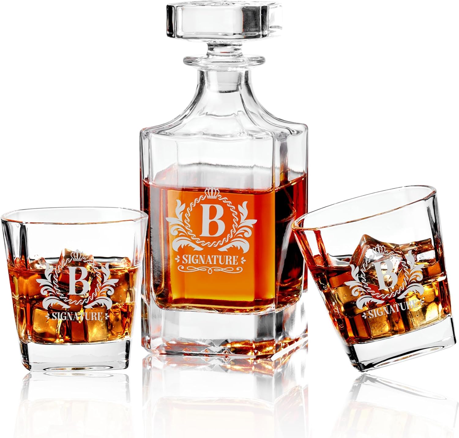 Personalized Whiskey Decanter Set with 2 Glasses, Laser Engraved Lead-Free Liquor Decanter Gift Set for Men, 750ml Glass Bottle Gift Box Bar Accessories for Dad Husband Boss Grandpa Brother, B