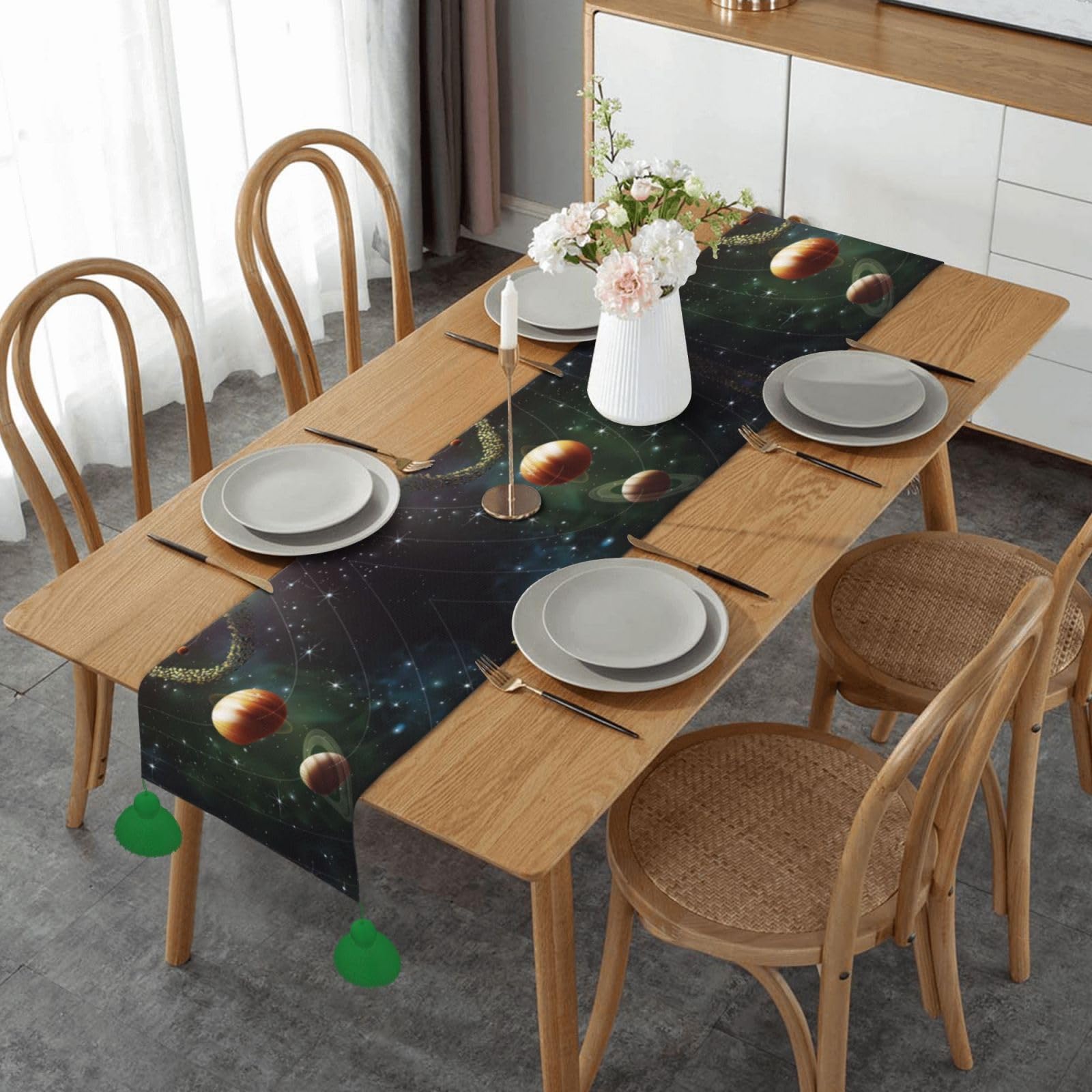 Chemin de table en lin imprimé univers galaxie pour nappe de table basse et de cuisine