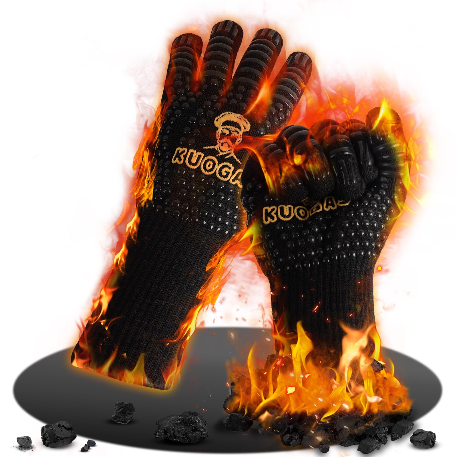KUOGAS Barbecue Gloves, Heat Resistant up to 800 °C, Oven Gloves, Oven Gloves, Fireproof Gloves, BBQ Gloves, Cooking Gloves, Baking Gloves, Oven Gloves, Made of Cotton (Black, M)