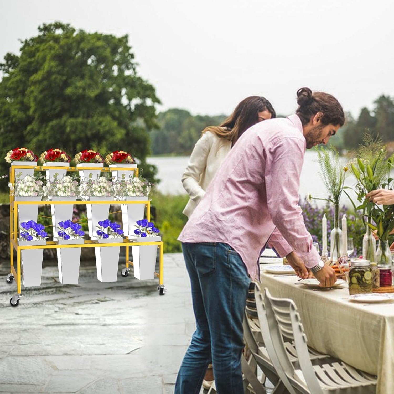 Blumenständer, 3-stöckig, Metall-Pflanzenständer mit 12 Kunststoff-Blumeneimern, beweglicher, robuster Blumenwagen, Blumenregal für drinnen und draußen, Terrasse, Garten, Wohnzimmer, Florist