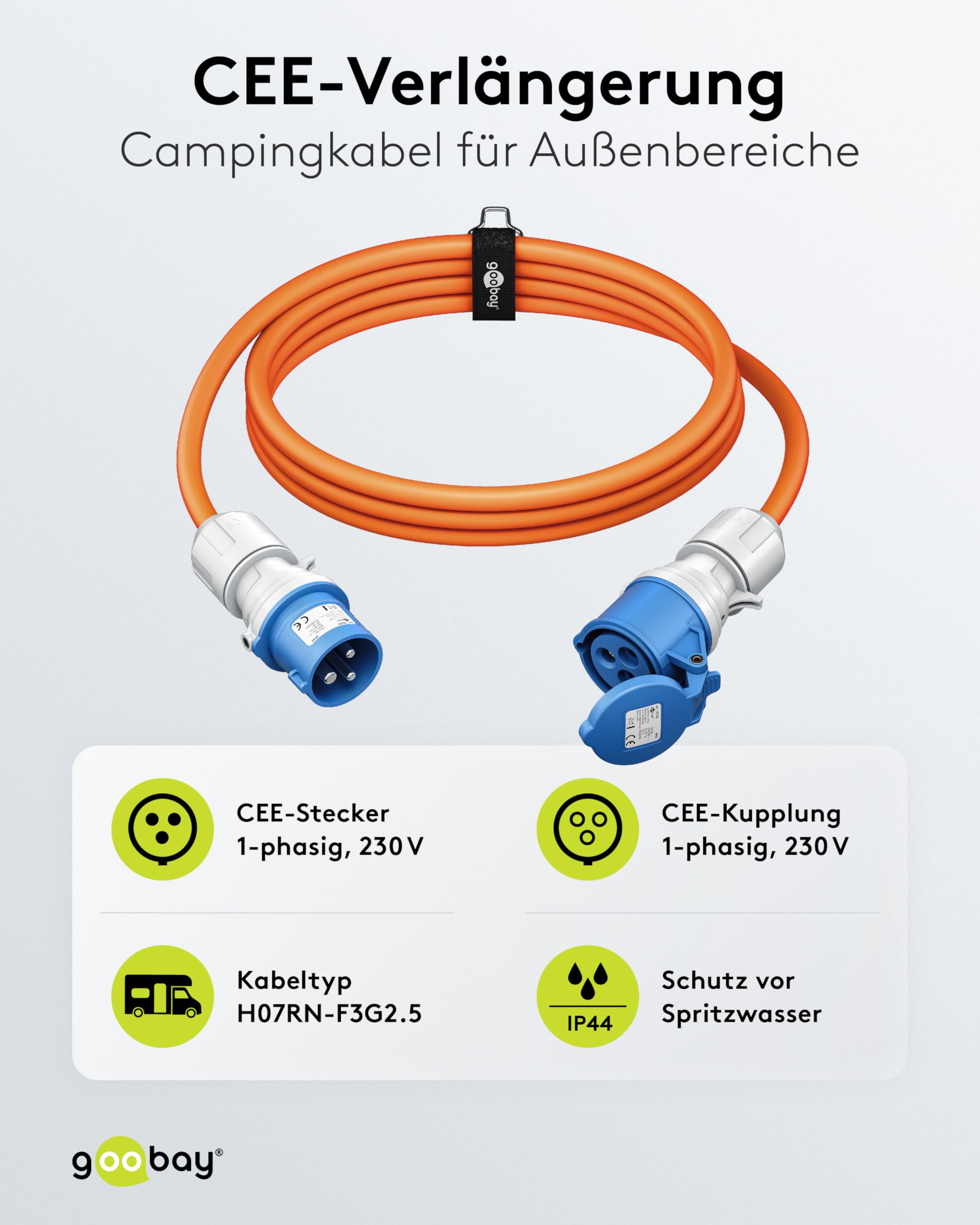 goobay CEE-Verlängerungskabel für Wohnwagen, 25m, CEE-Stecker auf CEE-Buchse mit Verschlusskappe, IP44, Kabel für Camping, Wohnmobil und Wohnwagen, 76230