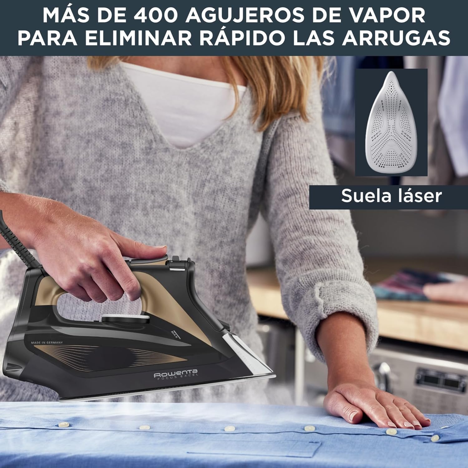 Rowenta Focus Excel, Placha de vapor vertical 2700 W, golpe de vapor 180 g/min, vapor continuo 45 g/min, suela Microsteam Laser 400, antigoteo, función Eco, ahorro energía, Negro Marrón, DW5325