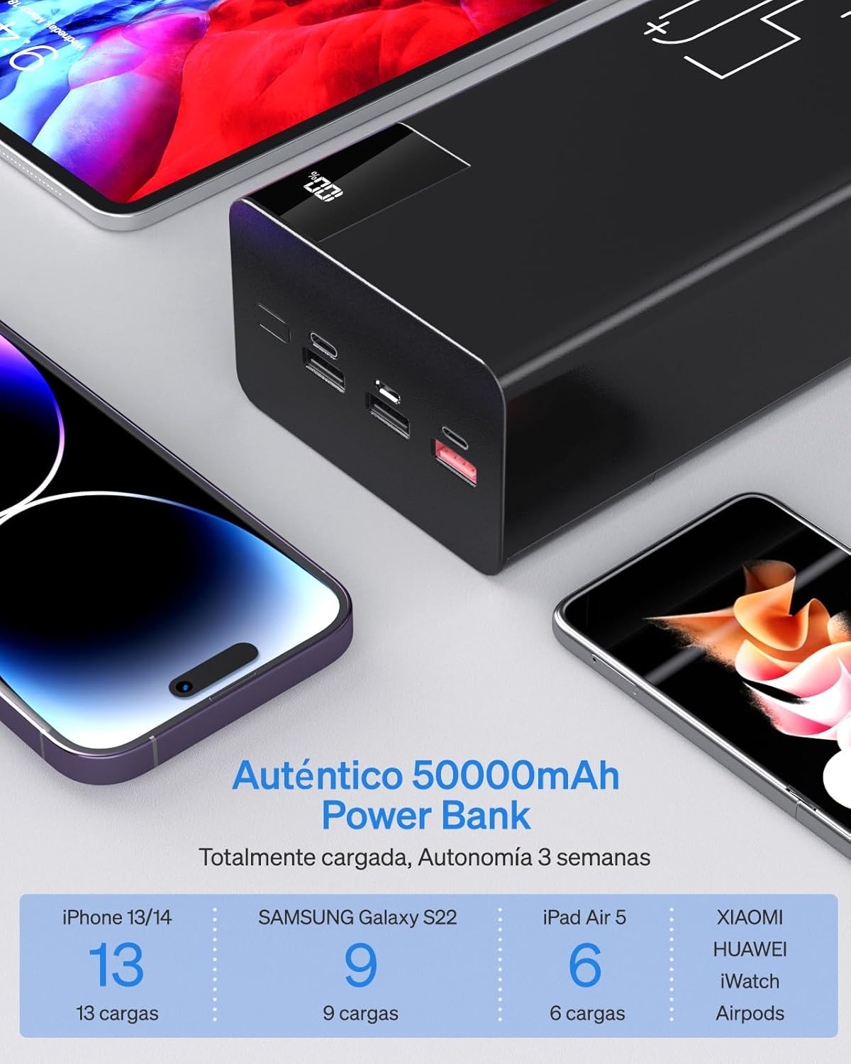 Power Bank de 50000 mAh de Smileader con carga rápida de 22,5W - Batería Externa con Linterna en Negro - Vista 4