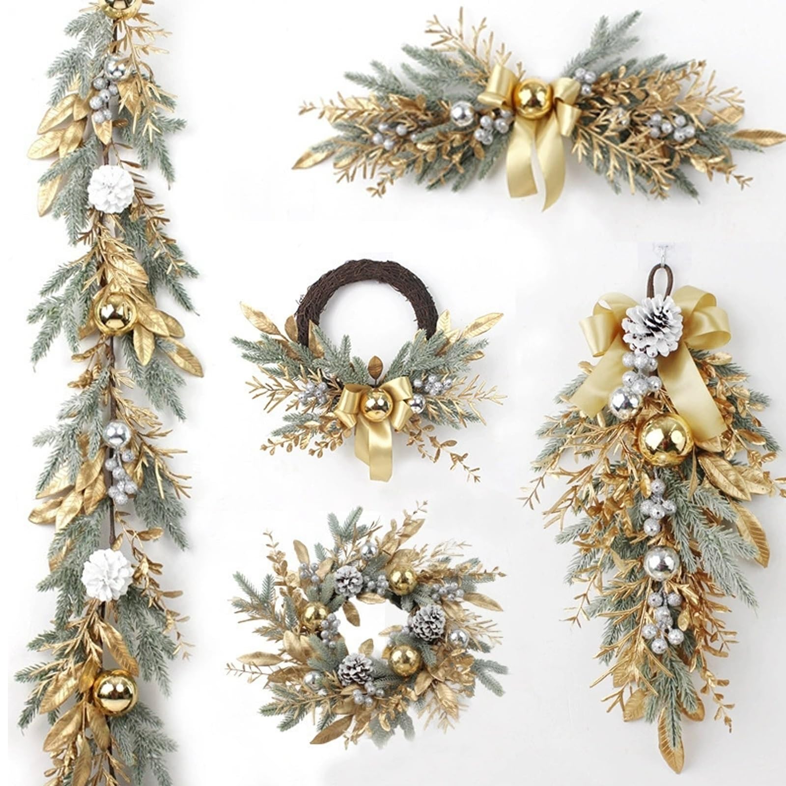 OPFdfhDFH Christmas wreaths, Gold Christmas Garland 5 Pieces Set, Vine, Artificial, Realistic, Garlands for Decoration for Home Front Door Porch, Entryway Xmas Decor, Wall