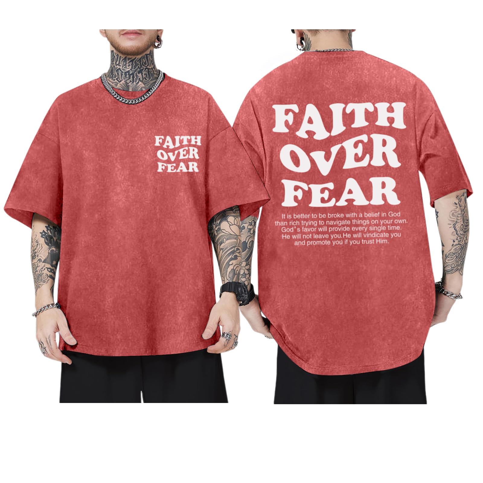 Christian Shirts for Men Faith Over Fear Oversized Shirt Acid Wash Tshirt Graphic Religious T Shirt Bible Verse Tees
