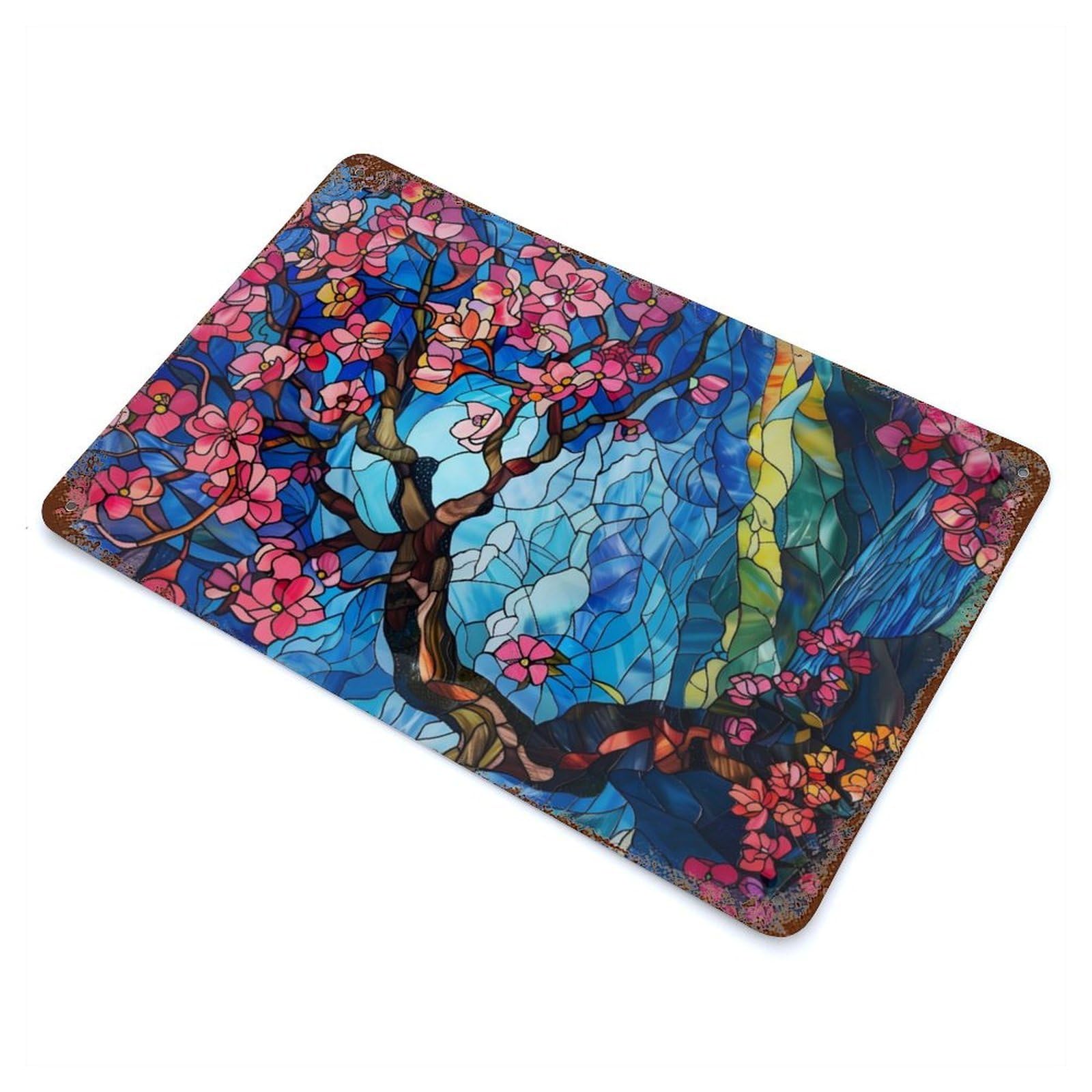 Distressed Metal Wall Sign Vibrant Cherry Blossoms 11.8"x7.9", Vintage Wall Decor for Garage, Bar And Workshop Decor