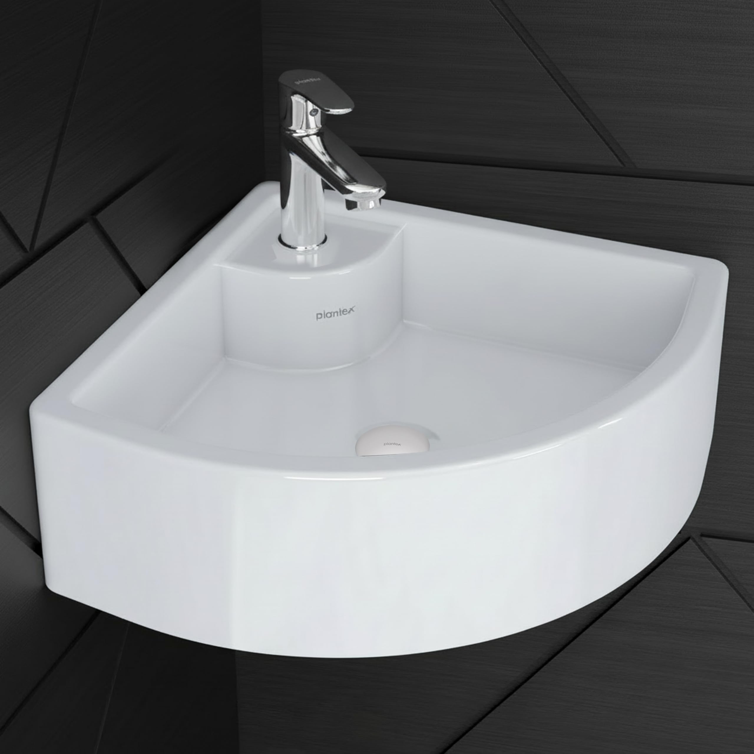 Plantex White Ceramic Corner Washbasin/Wall Mount Basin for Bathroom/Wall Hung Wash Basin/Small Corner Sink/10 Years Glaze Warranty by Plantex (Cornia - 16 x 16 x 10 Inch)