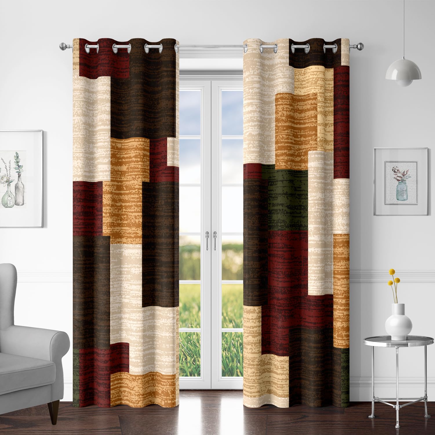 Tyrot Brown Red Vintage 100% Blackout Curtains for Bedroom 63 inch Length 2 Panels Set Modern Abstract Geometric Black Out Curtains Insulated Room Darkening Window Drapes for Living Room, 52Wx63L