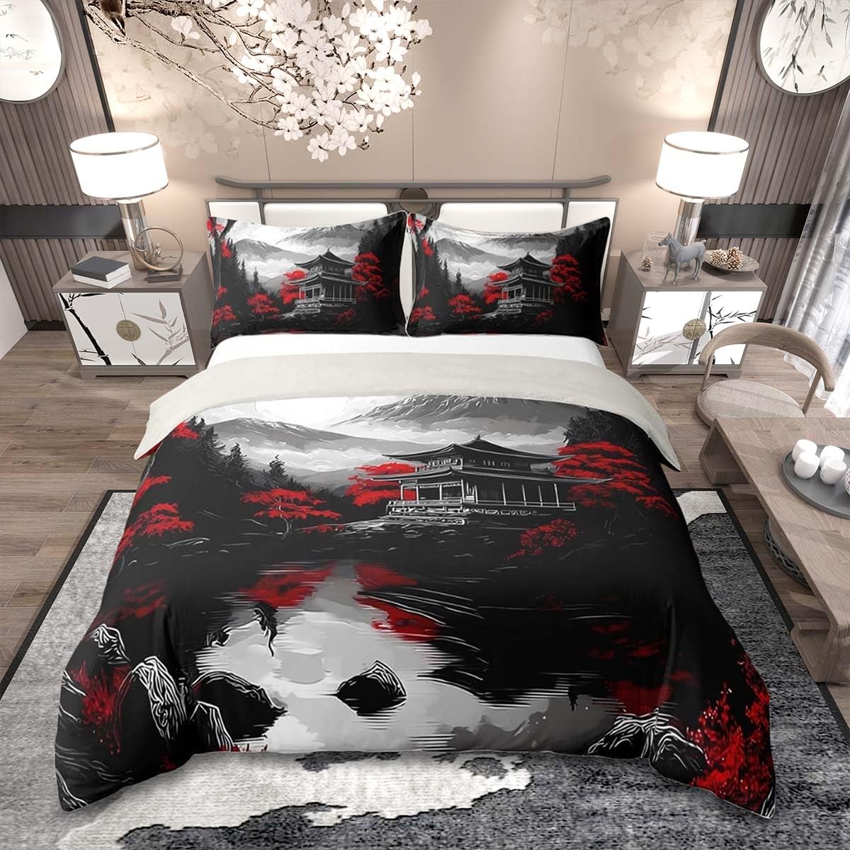 Homemissing Japanese Ukiyoe Duvet Cover Set King Size For Kids Boys Girls Teens Traditional Japanese Architecture Bedding Set Hokusai Duvet Cover with 2 Pillowcases Anime Bedding โ image 1