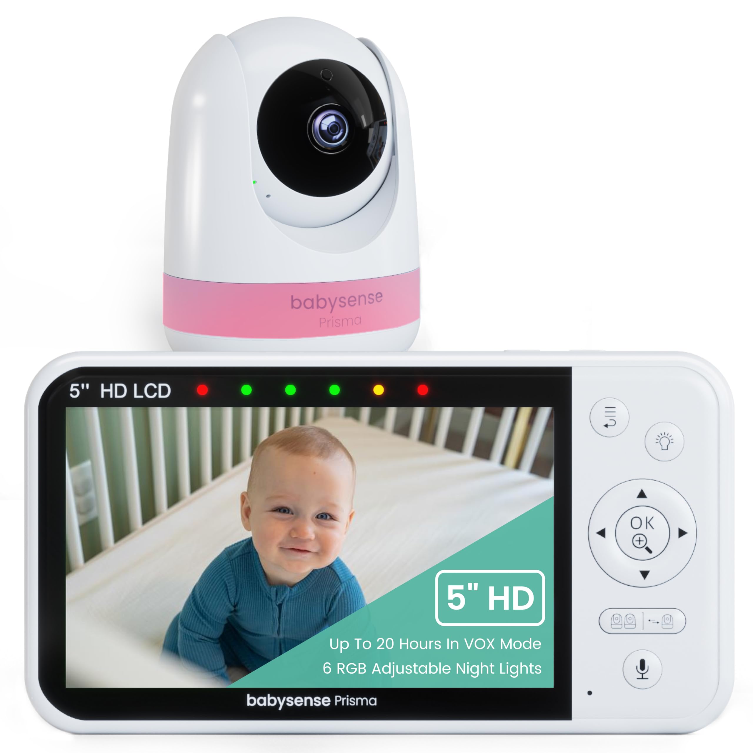Babysense Light/White Prisma Baby Monitor With Camera And Audio, 5” Hd Video Baby Monitor, 6-Color Night Split Screen, Baby Sound Machine With Noise & Lullabies, Secure No Wifi Size 5