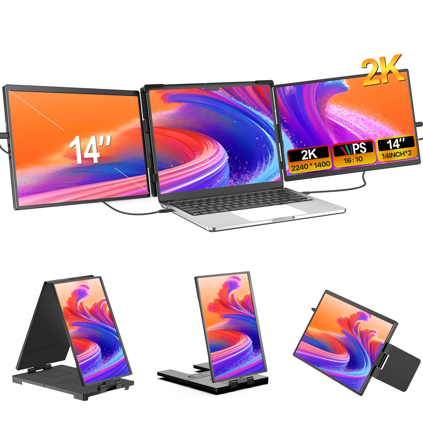 EVICIV Monitor Portatile, Schermo Portatile 14'' 2K 2240 * 1400 Triplo Monitor per 13"-17" Laptop, Monitor Portatile Schermo Doppio Plug And Play Per Wins/Mac/Chrome