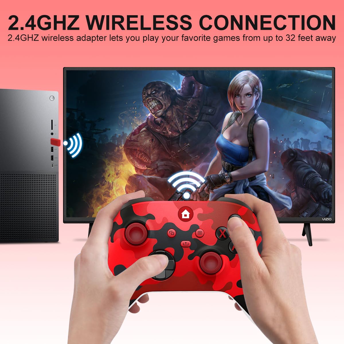 SWCTIM Xbox Controller Wireless für Xbox One, Xbox Series X/S, 3.5mm Kopfhörerbuchse, 2.4GHz Wireless Adapter, Camo Rot