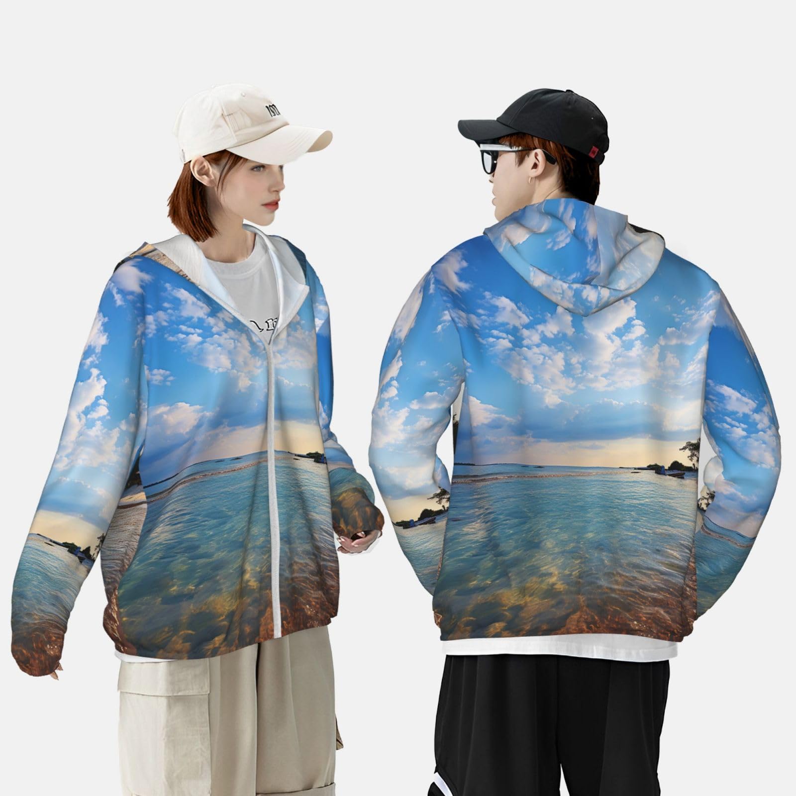 NONHAI Men's Sun Protection Jacket UPF 50+ Full Zipper Long Sleeve UV Hoodie Shirt Sea Island Sky Women's Outdoor Jacket