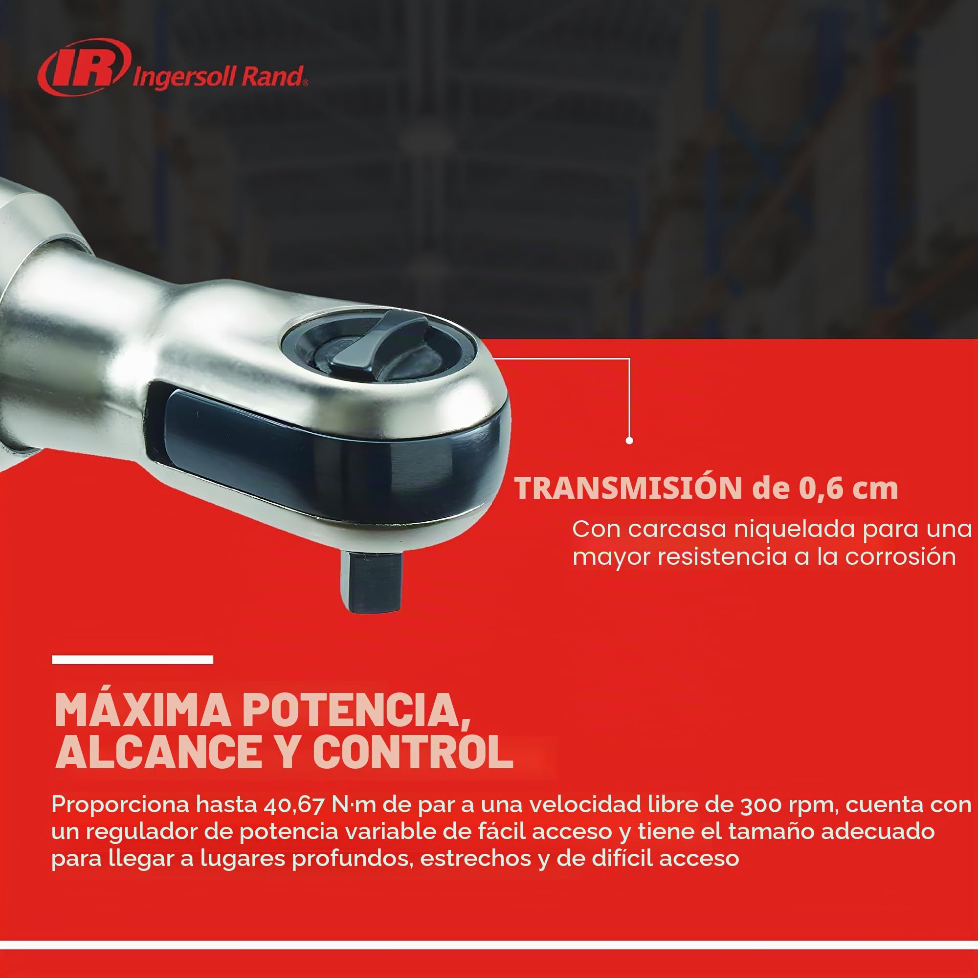 Ingersoll-Rand Mini Llave de Carraca Neumática 1105MAX-D2, 1/4", con 40,7 Nm y 300 RPM para Uso Profesional en Talleres de Mecánica