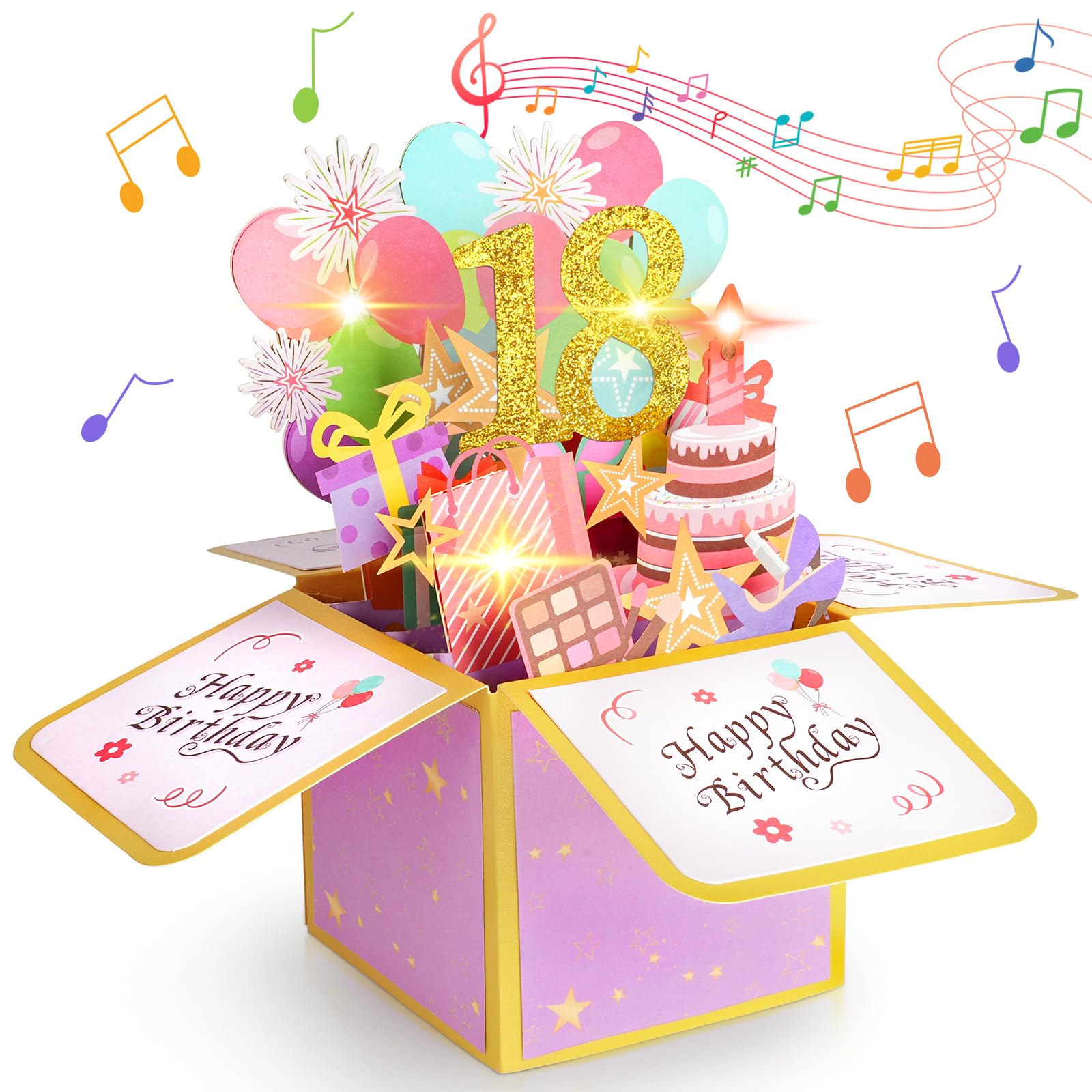 Vicloon Pop-up Birthday Gift Greeting Cards Box, 18th Birthday 3D Pop-Up Musical Greeting Cards with Envelope, Cool Pop up Birthdays Card with LED Blowable Candle and Lights, Gifts for Women Men